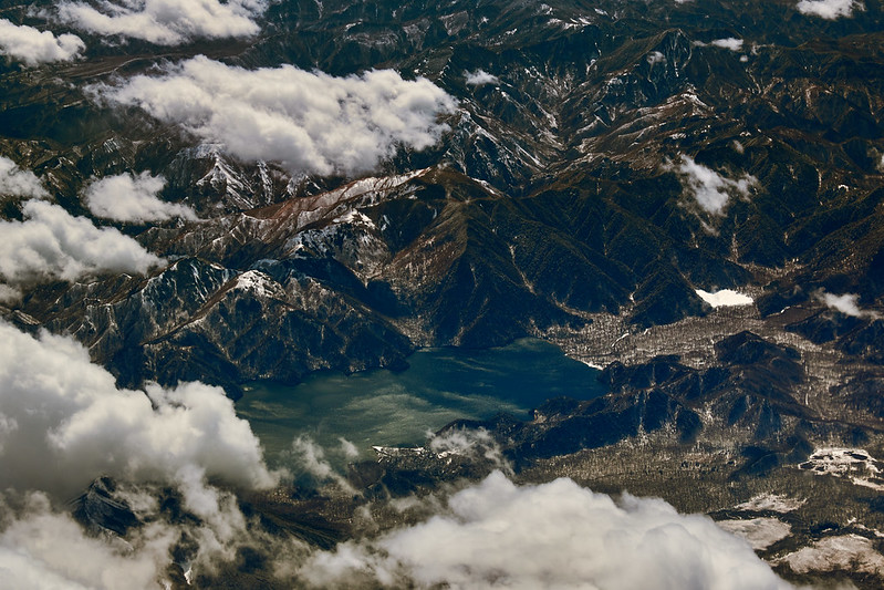 Aerial view of mountains and lake